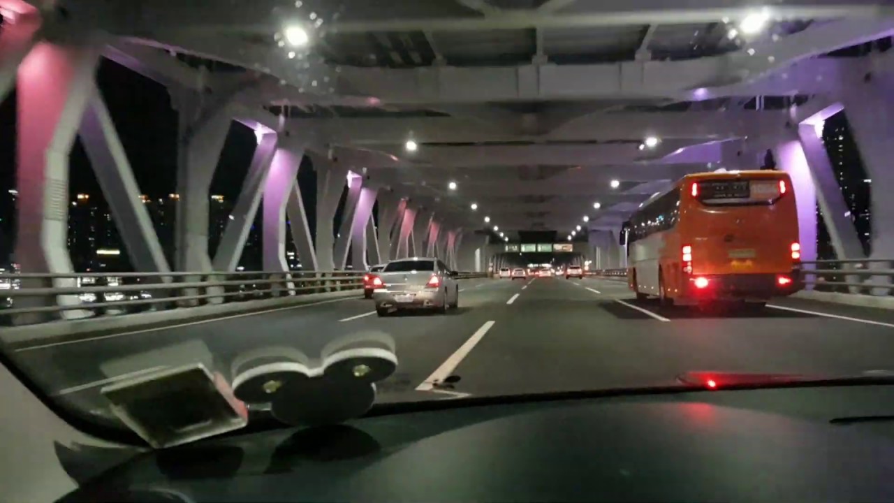 Driving in Busan/korea/Gwangan Bridge/부산 광안대교 하판-장산터널-해운대 신시가지 입구/비오는 밤 시내주행