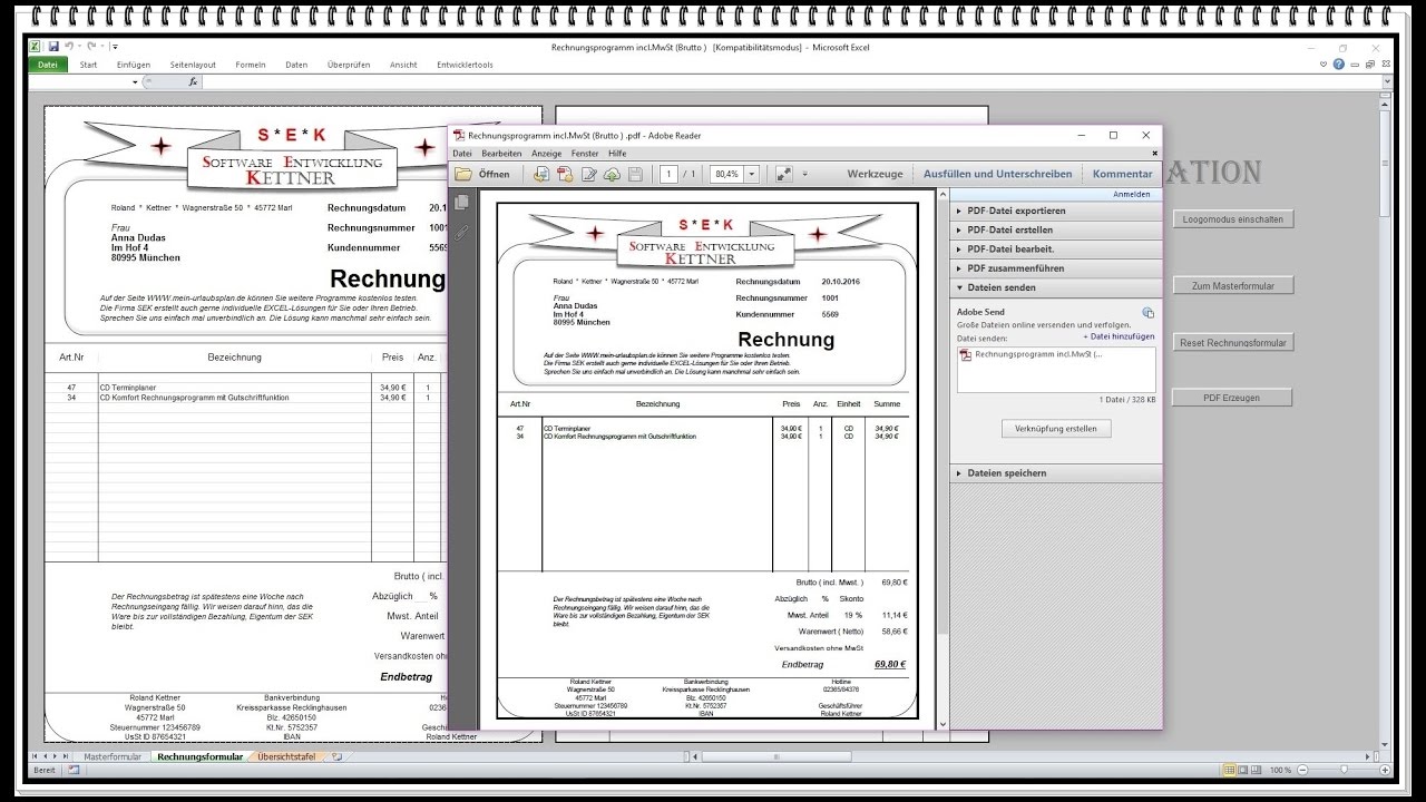  Update New  Einfaches Rechnungsprogramm  . Netzwerkfähige einfache Rechnungssoftware mit PDF Funktion ( Excel )