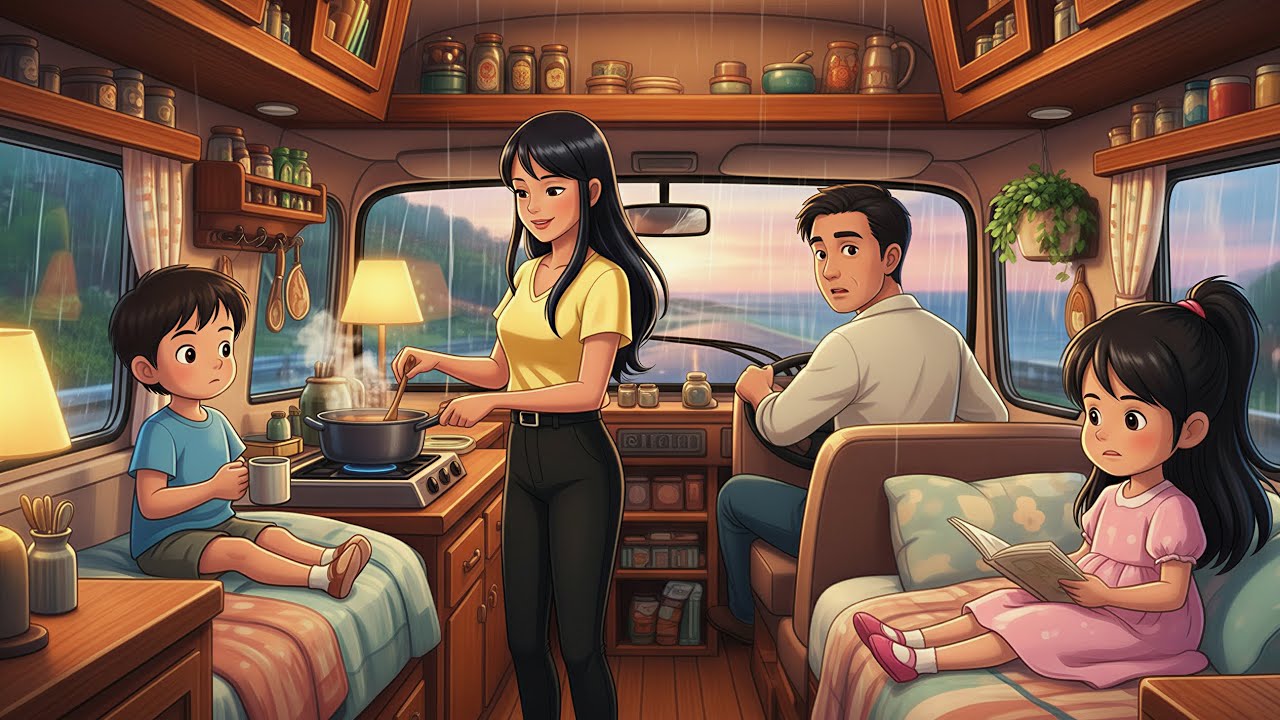Family road trip overnight in the car during rainy season⛈Studio Ghibli style