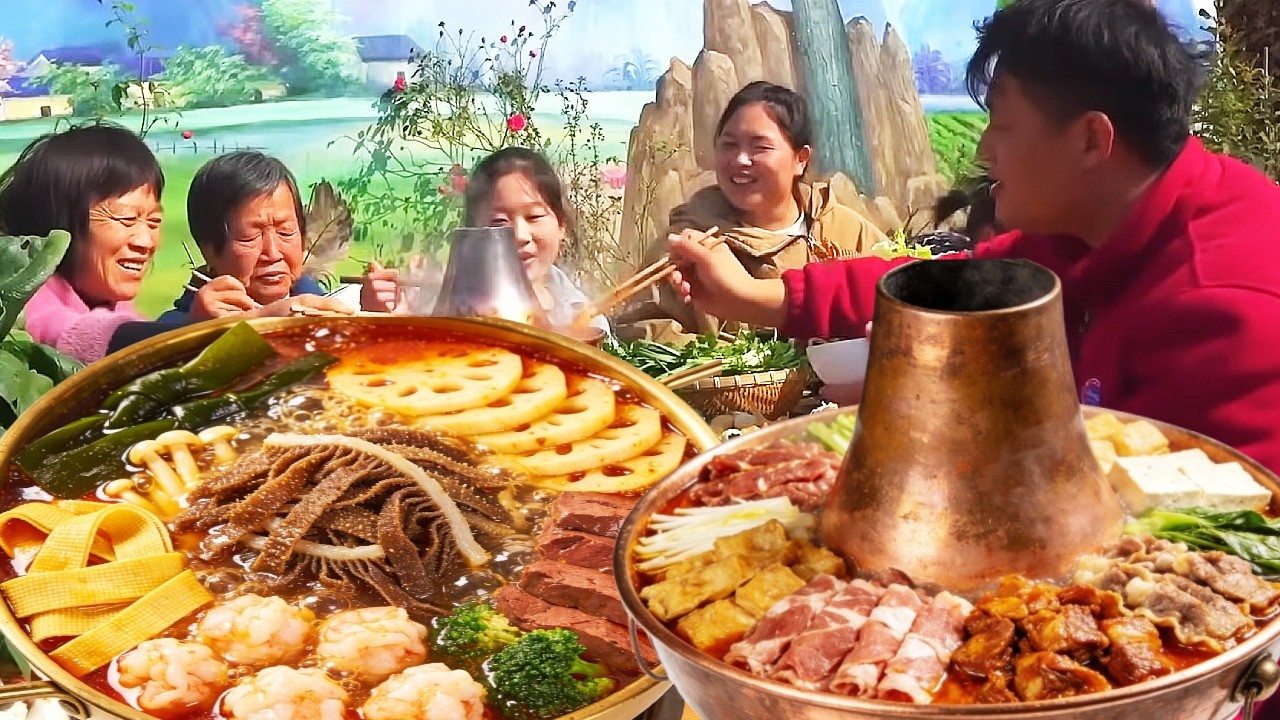 胖妹煮火锅，全家围一桌，整15个菜2个闺女今天吃过瘾了【陈说美食】