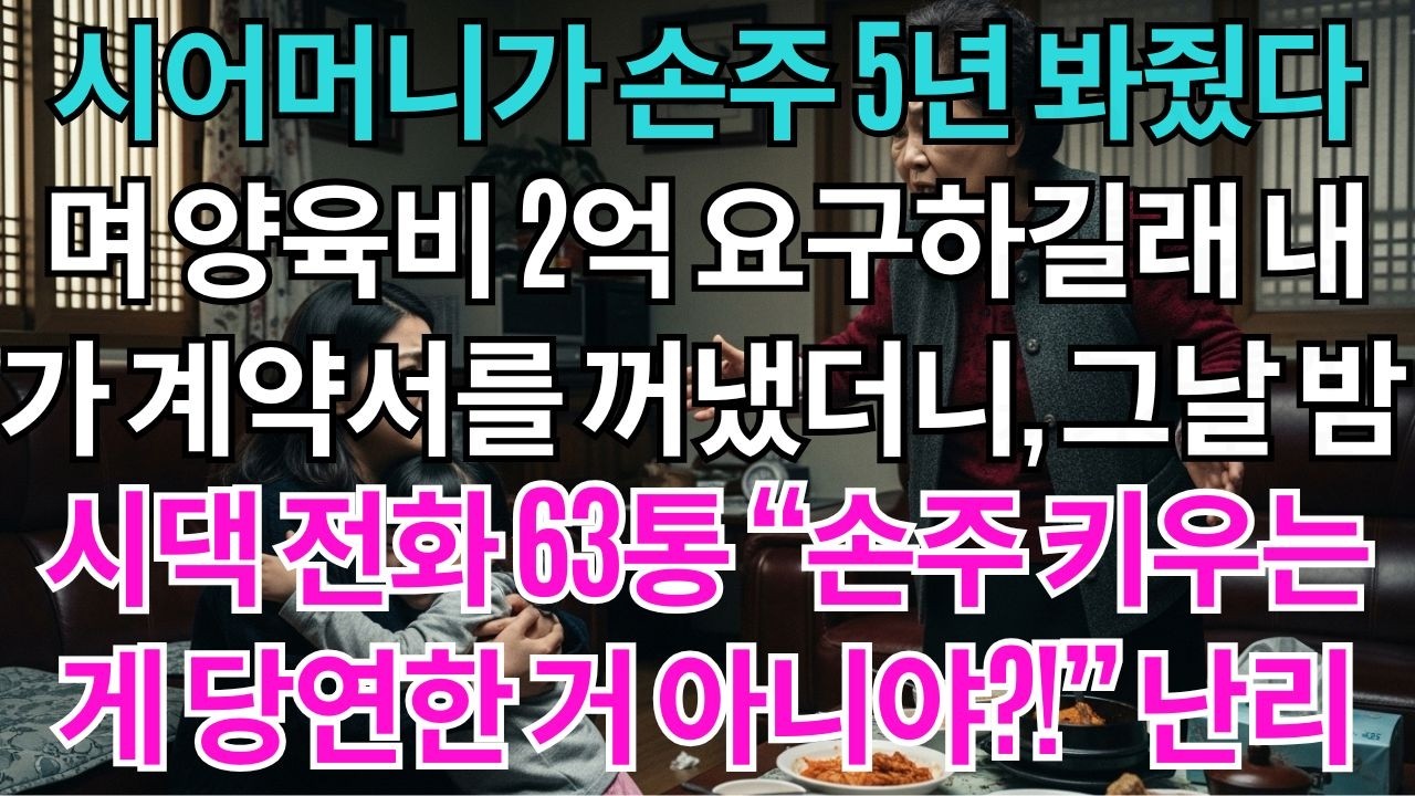 시어머니가 손주를 5년간 돌봐주고 나서 양육비 2억 원을 요구했습니다.저는 시어머니가 직접 작성한 계약서를 꺼냈습니다.그날 밤 시댁에서 걸려온 전화 63통.