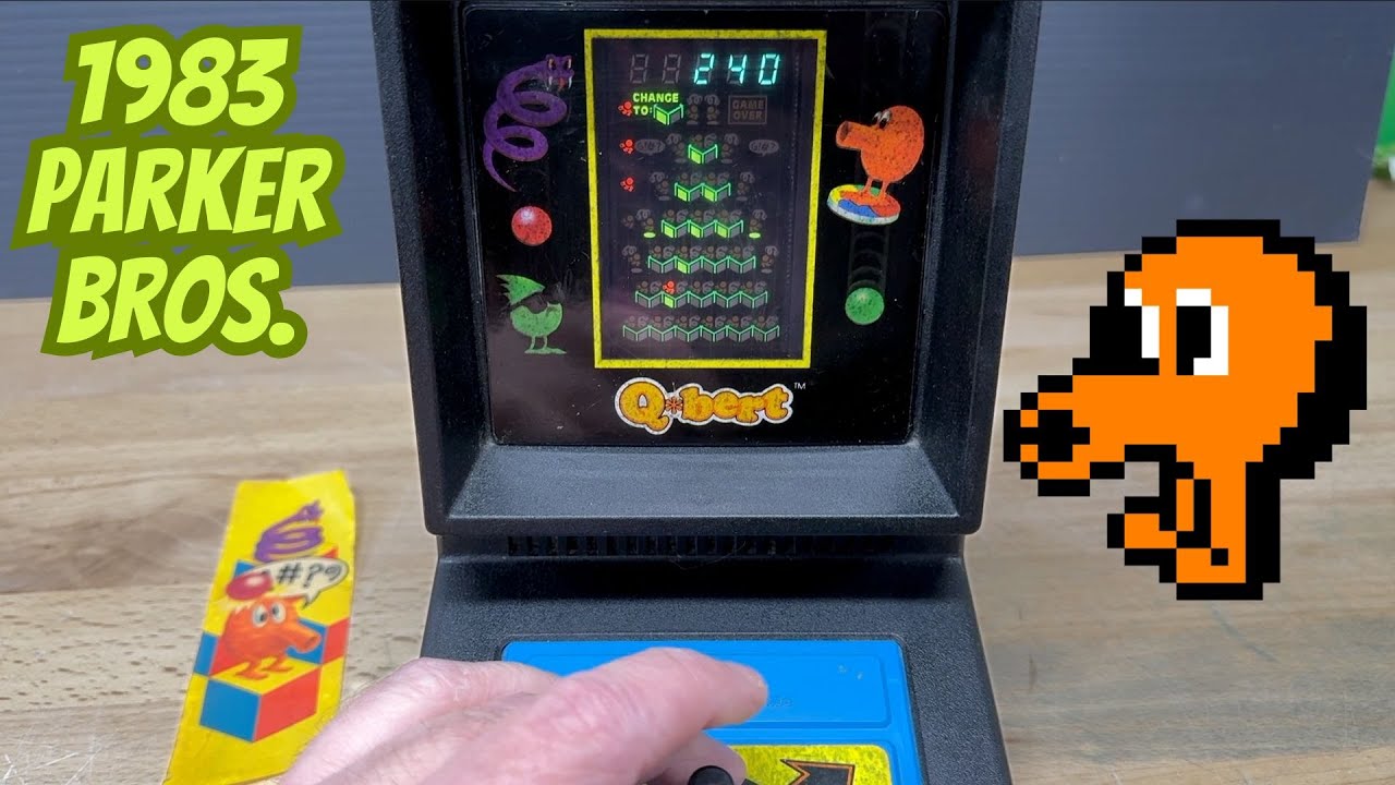 Playing Q*Bert on Vintage 1983 Parker Brother Mini Arcade Game HD