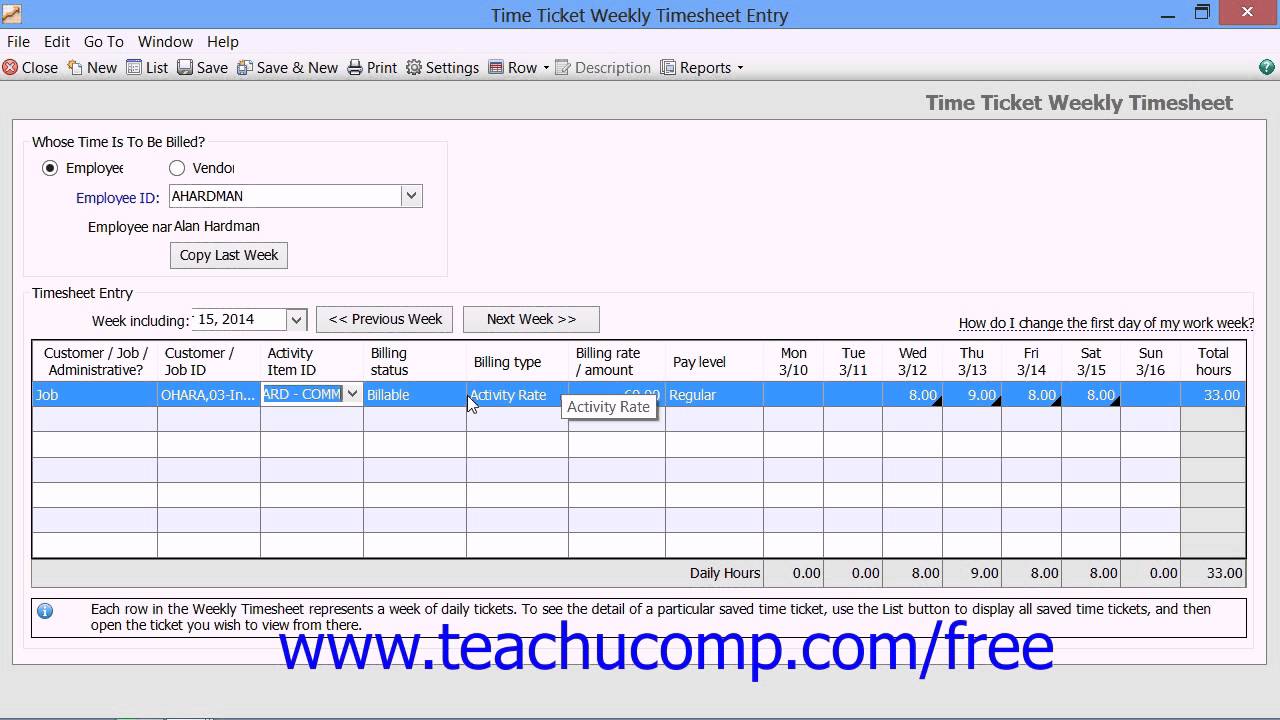 Sage 50 2014 Tutorial Entering Time Tickets Sage Training Lesson 12.4
