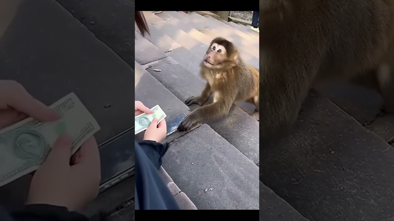 Monkey gets money for phone. AI videos.