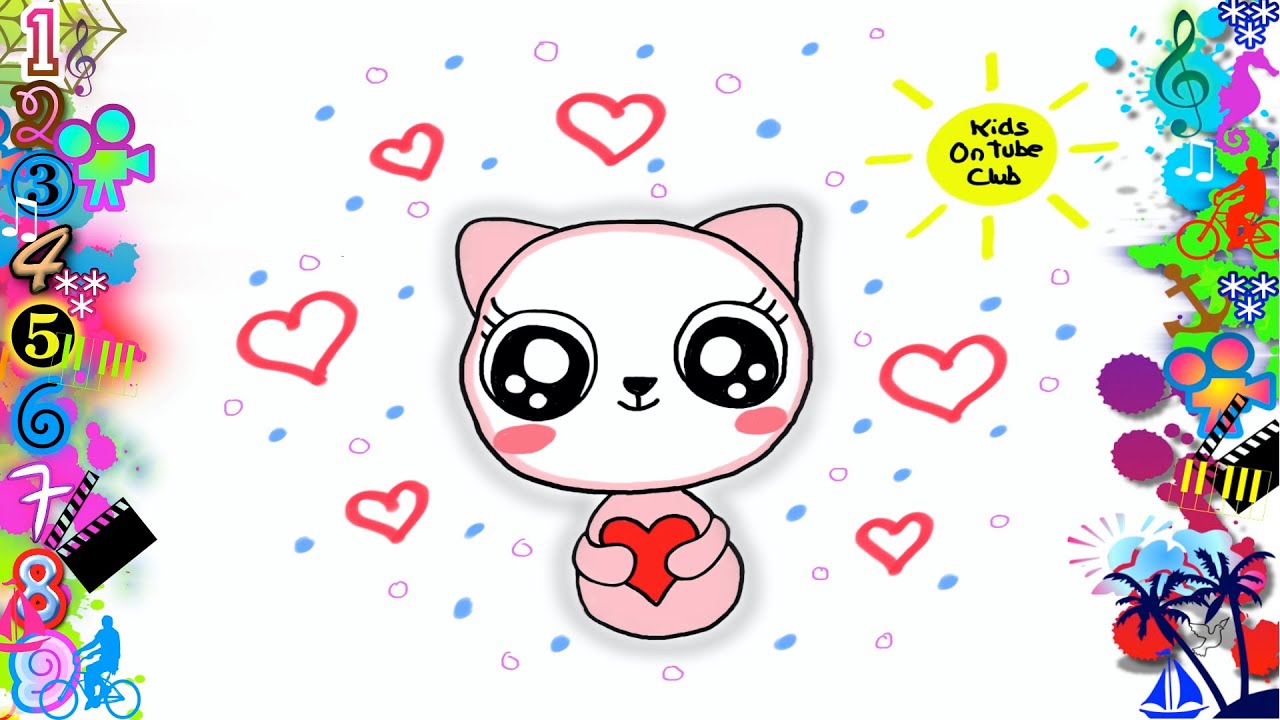 Como DIBUJAR UN GATO KAWAII FACIL con CORAZONES | How to draw a Cat ...