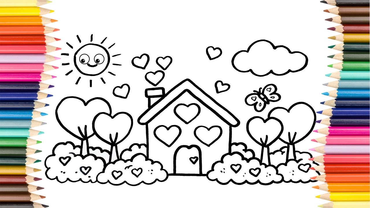 Простой рисунок для малышей. Милый домик, сердечки и солнышко.