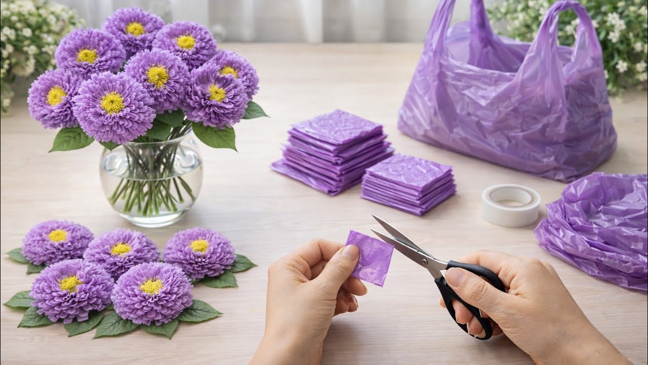 Изготовление цветов из пластиковых пакетов | Сделай сам | Идеи повторного использования пакетов |...