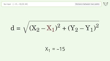 Find the distance between two points p1 (-15,-9) and p2 (22,30): Step-by-Step Video Solution