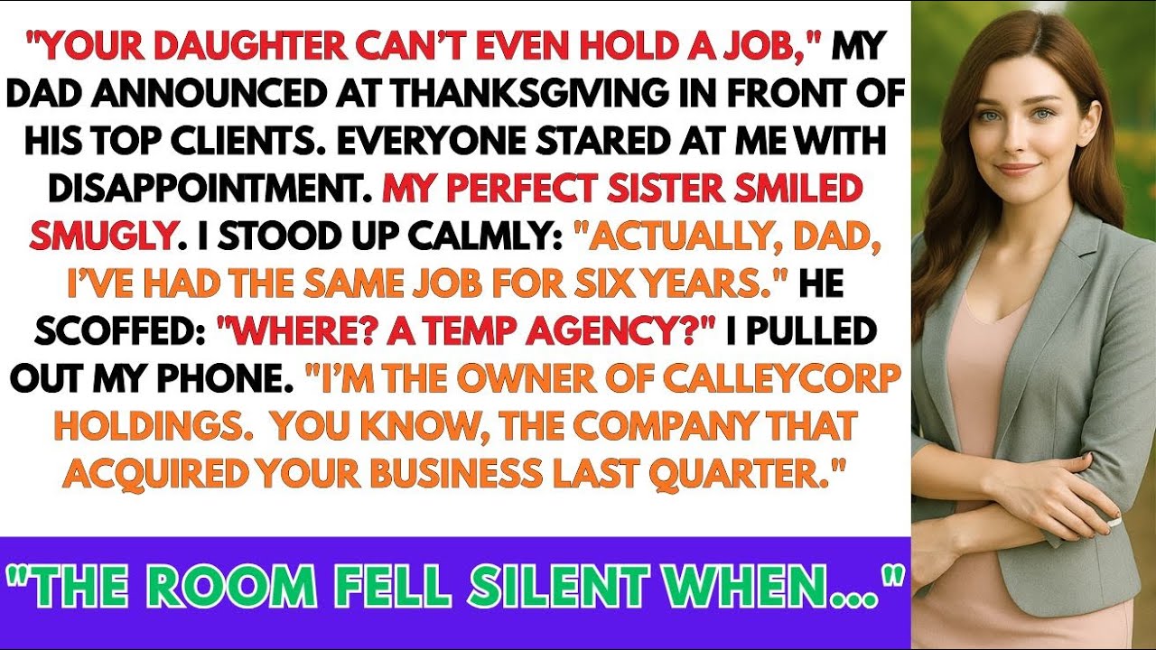 The dining room was full of laughter and bourbon when my father clinked his glass and toasted me as the daughter who "still can't even hold a job." Two years of silence, and that was his opening...