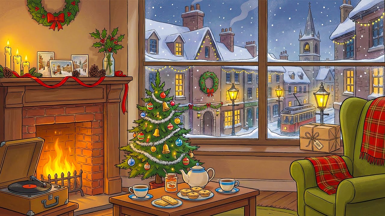 vintage oldies playing in another room and it's snowing in England (crackling fireplace & blizzard)