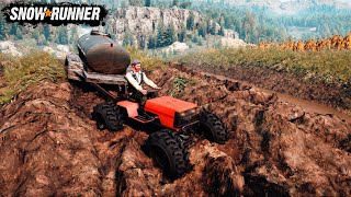 SnowRunner - Compact Tractor With Trailer Driving In The Mud screenshot 1