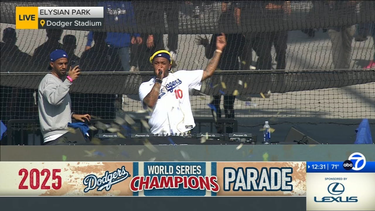 DJ Mustard plays 'Not Like Us' as team arrives at Dodger Stadium