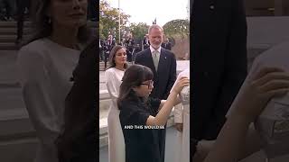 Valentina, a blind girl, shows the Pope what the Tower of Jesus is like through Braille