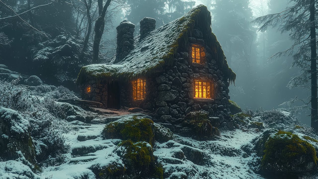 A Hidden Stone Cottage in Winter Woods | Enchanting Celtic Medieval Music Ambience
