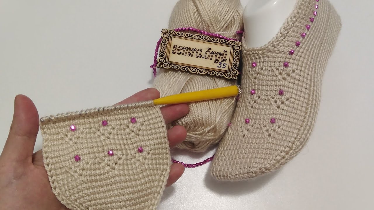 İncili Beş şiş  tunus işi patik @Semra örgü #tunusiancrochet #crochet #örgü #patik #patikyapılışı