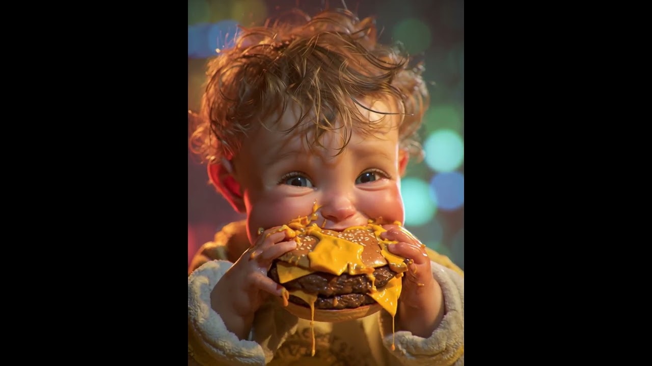 This baby can't get enough of their cheesy burger! 