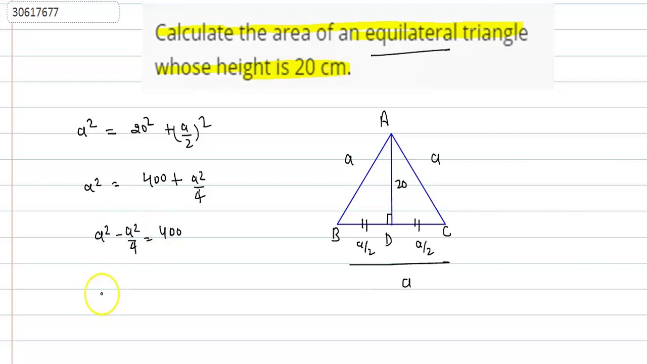 Calculate the area of an equilateral triangle whose height