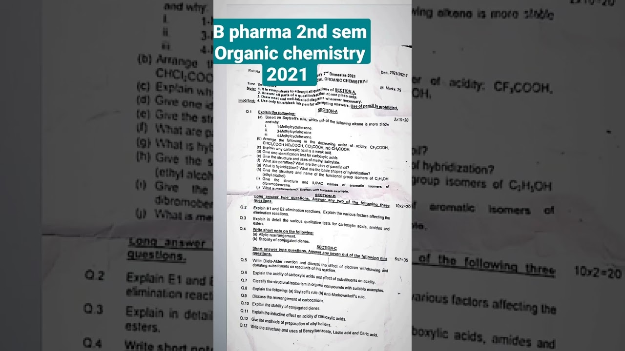 b pharma 2nd sem organic chemistry 2021 paper rhotak pgi 