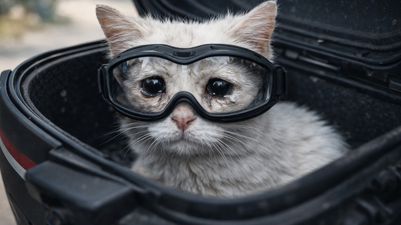 Кошка-инвалид проехала 7000 км в сумке мотоцикла. Она увидела мир, в котором ей не было места...