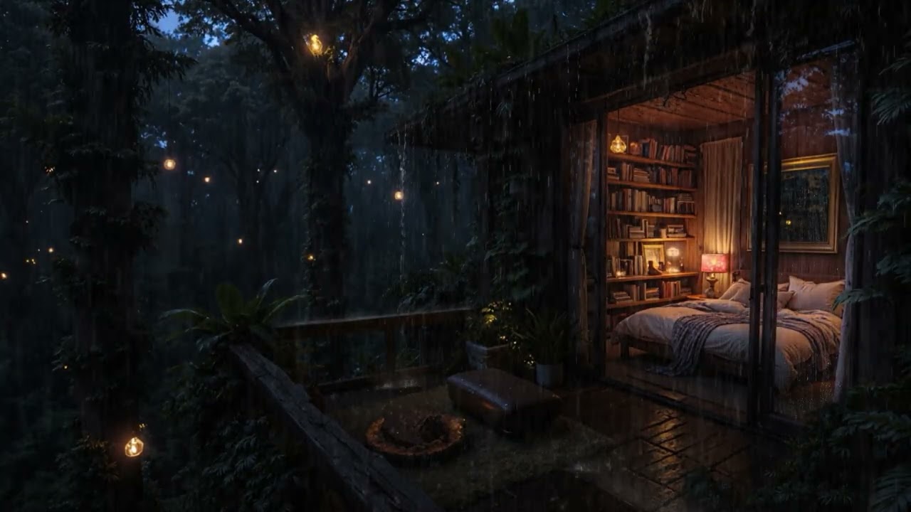 Steady Rain on a Cabin Rooftop in the Woods 🌲🌧️ | Calm Night Ambience (4K – No Ads)
