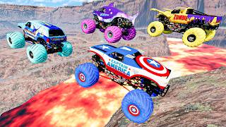 Monster trucks lost tires, destroy axles and epic crashes in this insane downhill ramp race