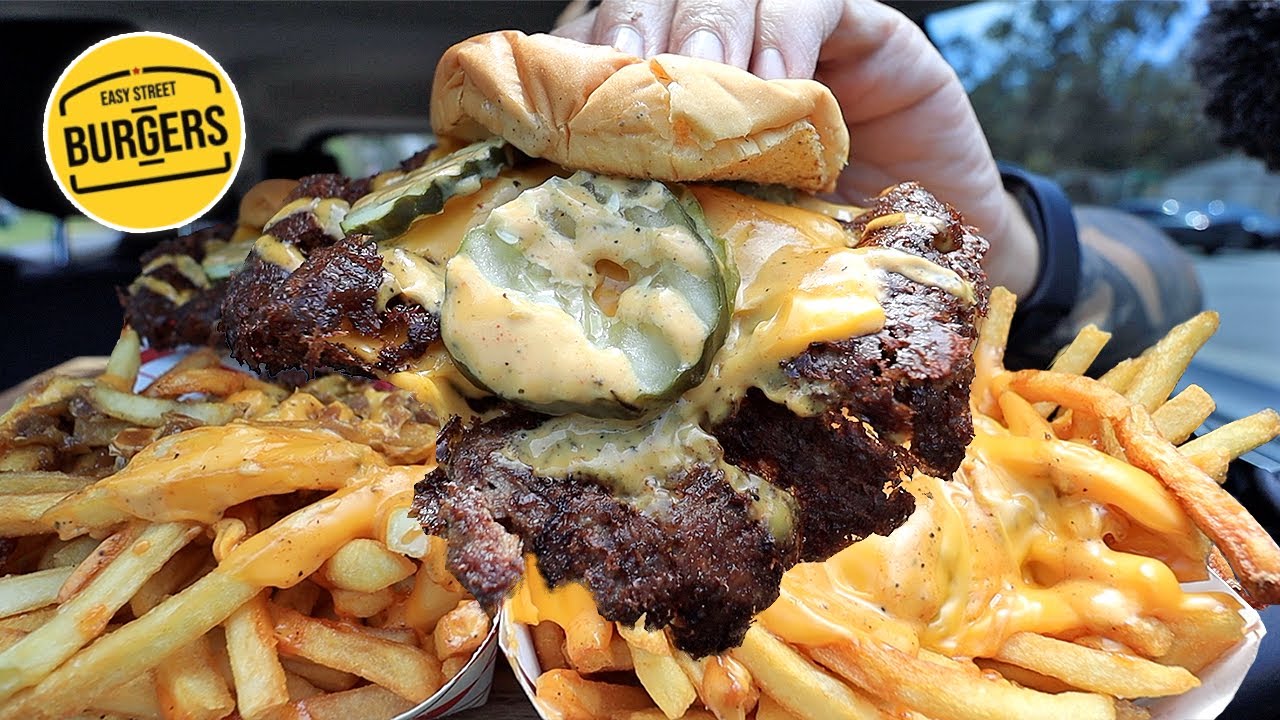 MUKBANG EATING EASY STREET BURGER TRIPLE CHEESEBURGER, DOUBLE CHEESEBURGER, LOADED CHEESY FRIES ASMR