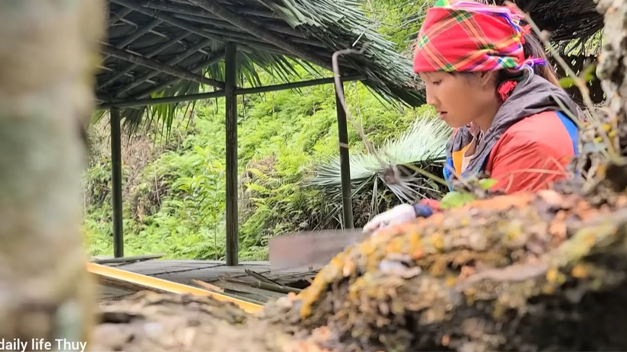 The girl continued to build her ideal bamboo house.