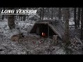 SURVIVAL EARTH LODGE CABIN, SUDDEN SNOW STORM, FIRE OVEN INSIDE MADE A CHIMNEY OUT OF CLAY AND STONE
