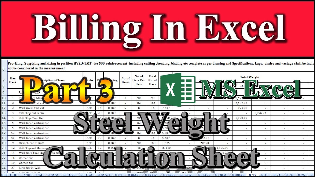 Billing Part 3 Steel Weight Calculation in MS Excel Contractor