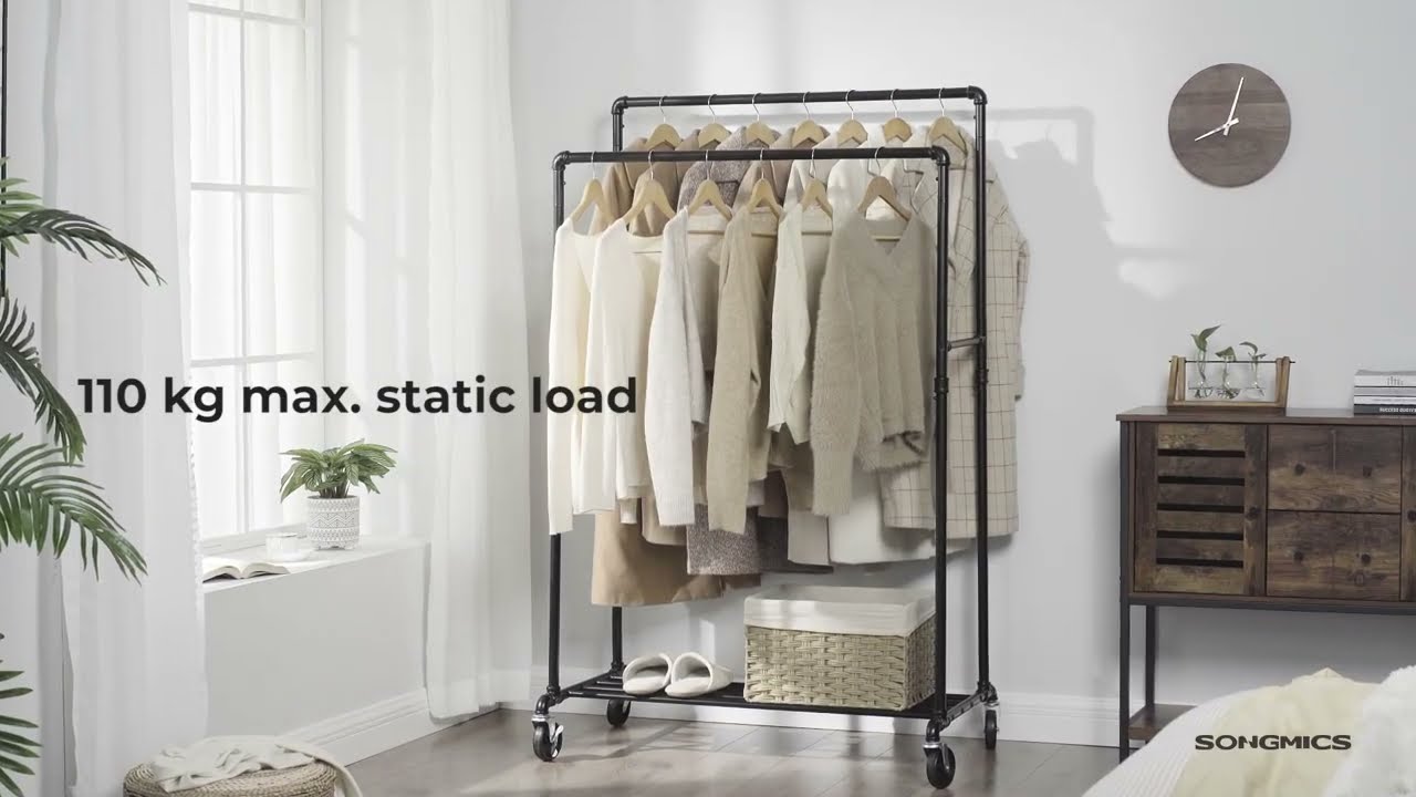 SONGMICS Industrial Pipe with Double Hanging Rail Clothes Rack on Wheels load of 110 Kg HSR60B