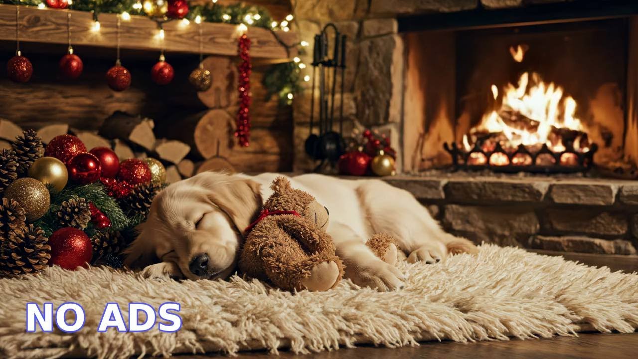 Warm Holiday Sleep: Calming Fireplace Ambience & Soft Puppy Music for Anxiety Relief 🧸✨