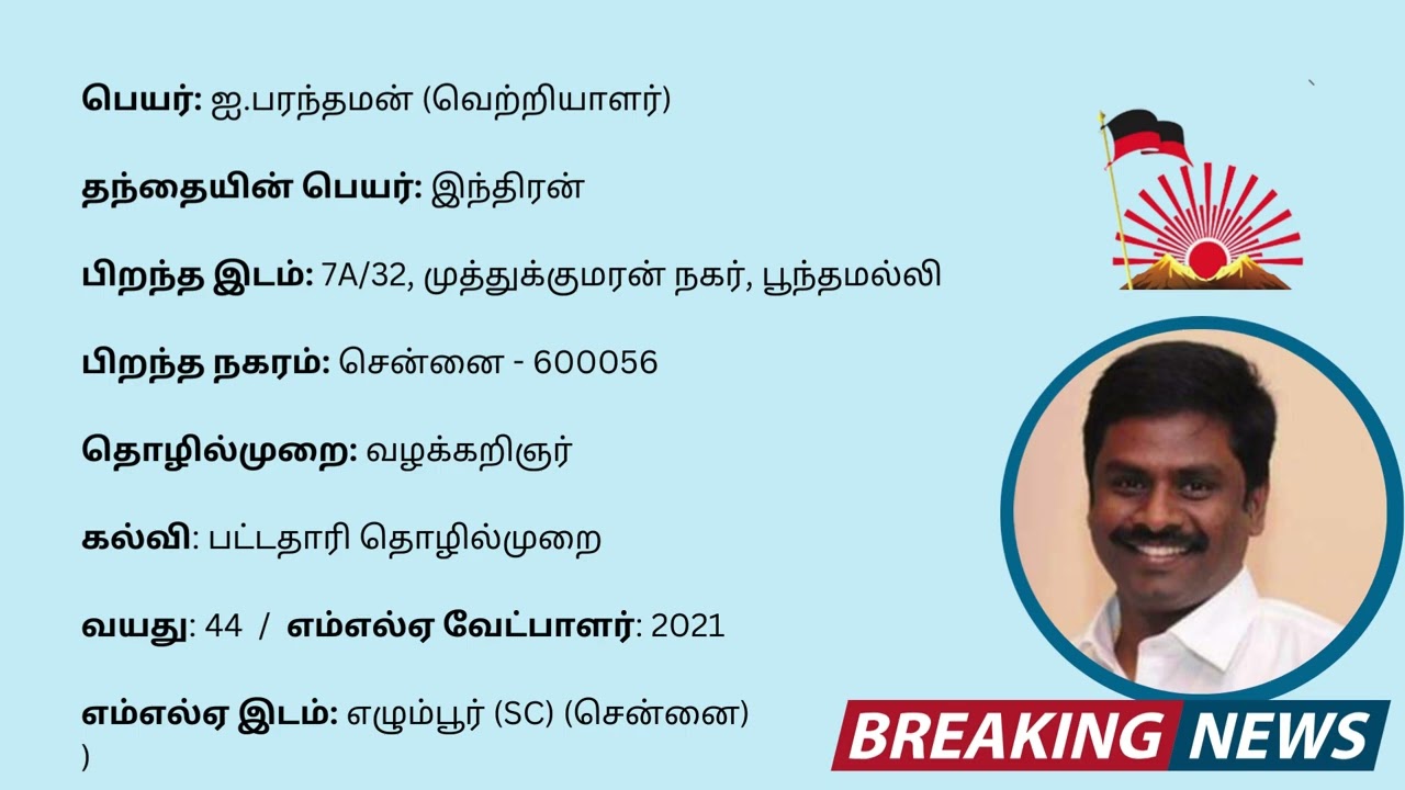 Egmore MLA - I Parandhaman - DMK (2021 -2026)