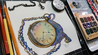 Vintage Pocketwatch in Watercolor Step-by-Step Paint with me!