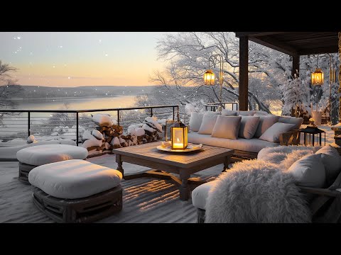 Warm Outdoor Coffee Shop Ambience 🏕 Soothing Jazz Instrumental With Relaxing Snow For Study And Work