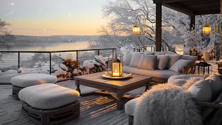 Warm Outdoor Coffee Shop Ambience  Soothing Jazz Instrumental With Relaxing Snow For Study And Work