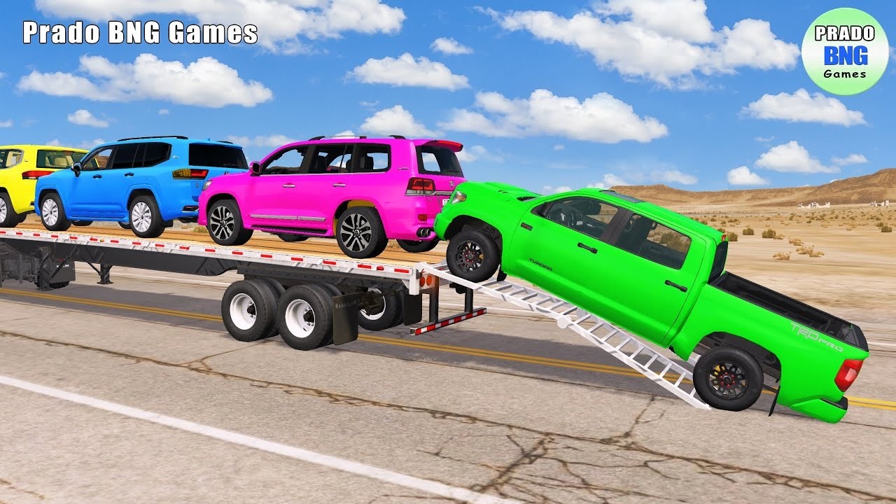 Toyota, Mercedes, трактор и грузовик с платформой против поезда – BeamNG.drive 468