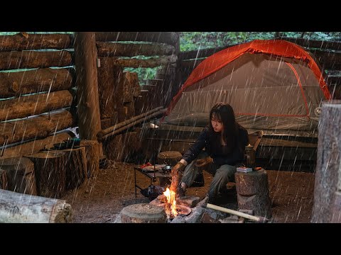 Solo Camping in the rain | Deep in the forest, I went camping like a fairy tale in a cabin | asmr