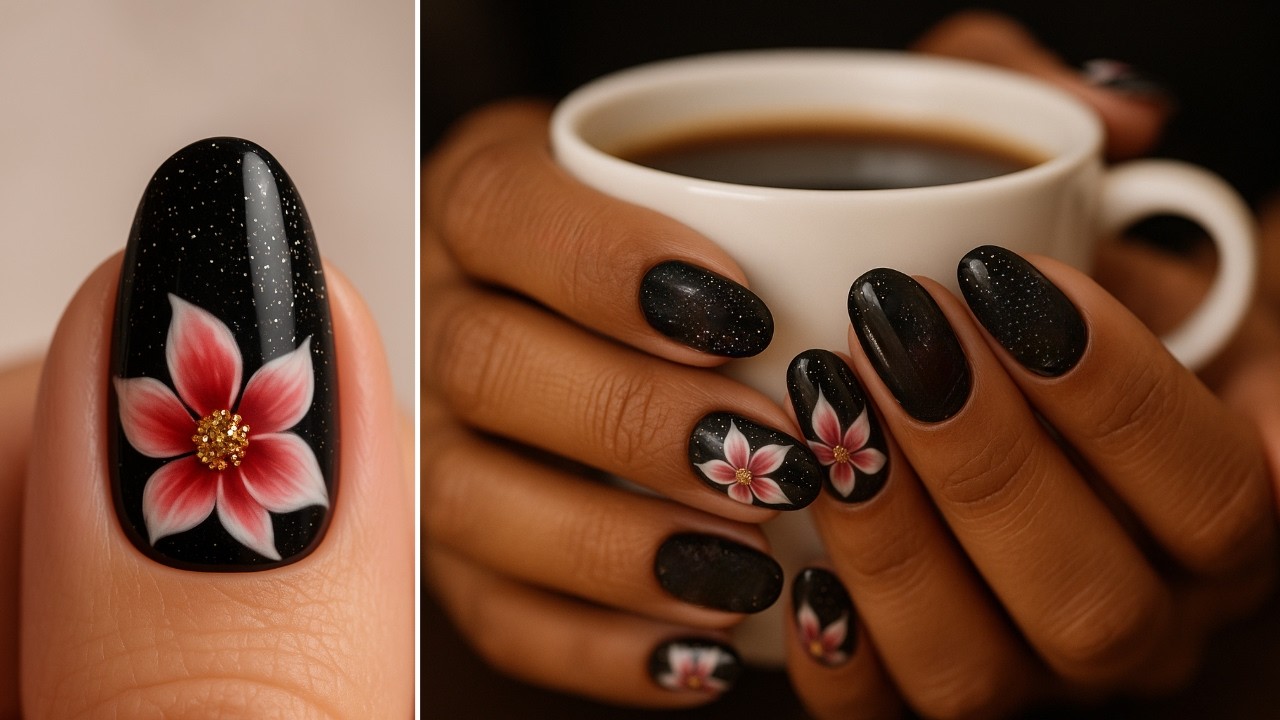 Nail Art Tutorial: Mesmerizing Black & Gold Nails with Jelly Flower