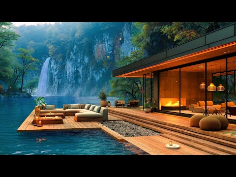 Soothing Jazz Piano Music in Cozy Lake House Ambience - Relaxing Waterfall View & Fireplace Sounds