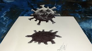 Coronavirus 3D drawing | black ball pen 3D drawing of coronavirus |