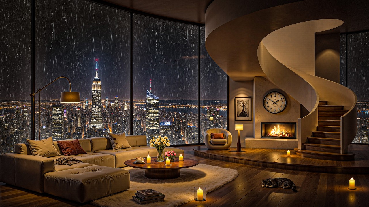 🌧️ Rainy Night Jazz 🔥 Luxury Living Room with Fireplace & City Skyline View for Deep Relaxation