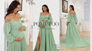 POMUYOO | Charming Off the Shoulder Long Sleeves Chiffon Maternity Bridesmaid Dresses
