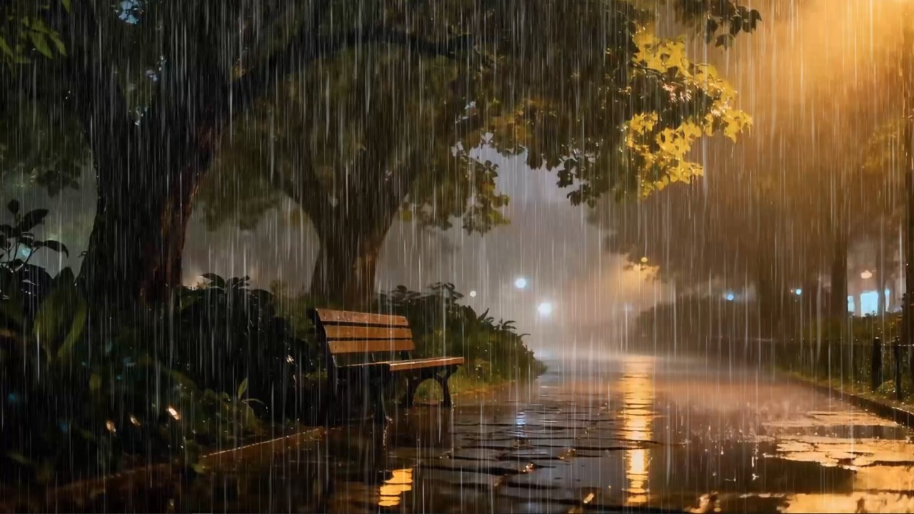 Heavy Rain Sounds at Night on Isolated City Park Footpath for Deep Sleep | Continuous No Thunder
