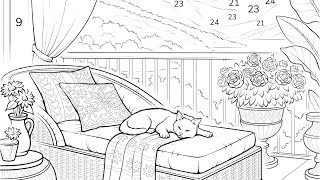 Color by Number Sleeping Kitty Cat Relaxing in Balcony with Mountain View Zen Color #coloringbook screenshot 5