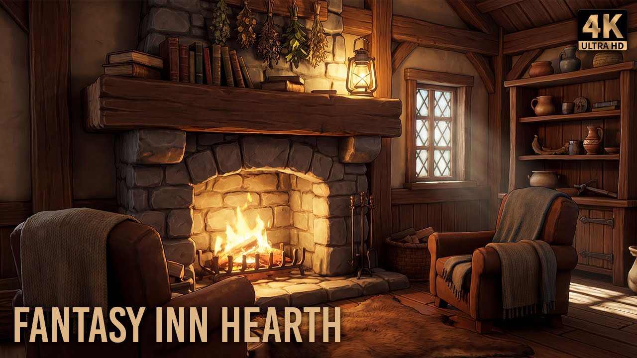 Fantasy Inn Hearth 4K | Fire Ambience | Instrumental