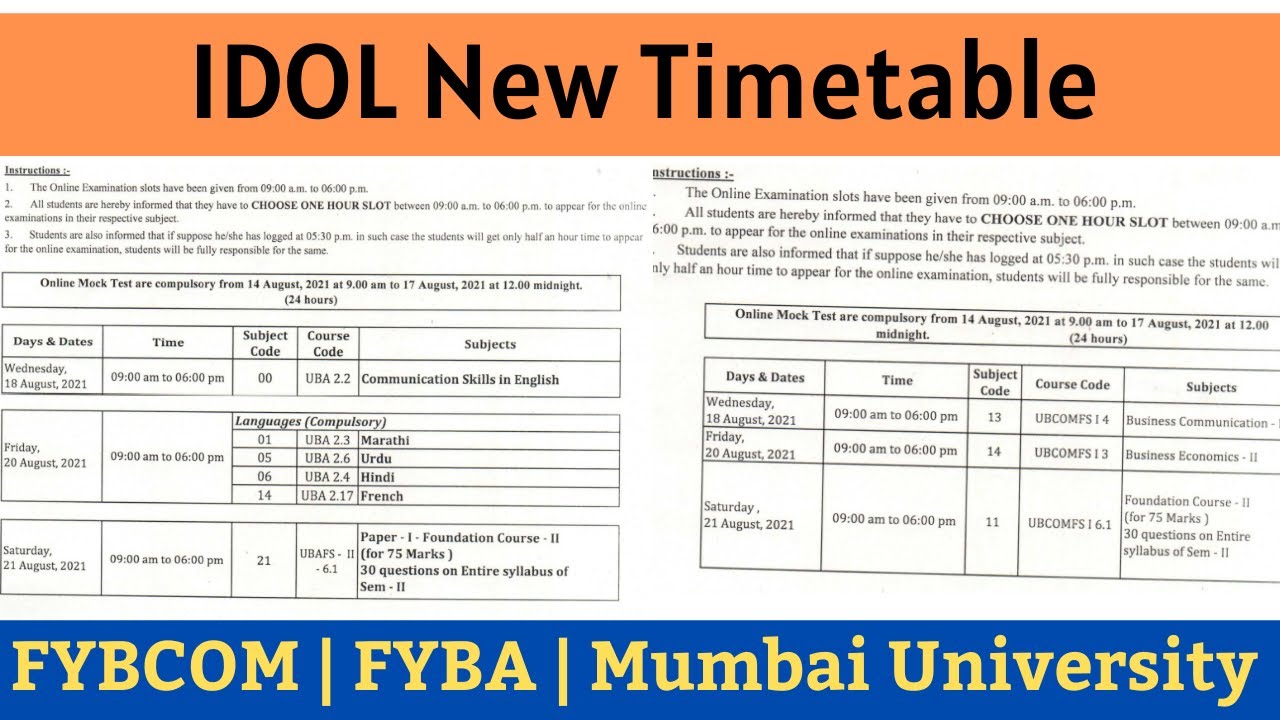 FYBCOM IDOL Timetable | FYBA IDOL Timetable | Mock Test | IDOL Mumbai University 2021