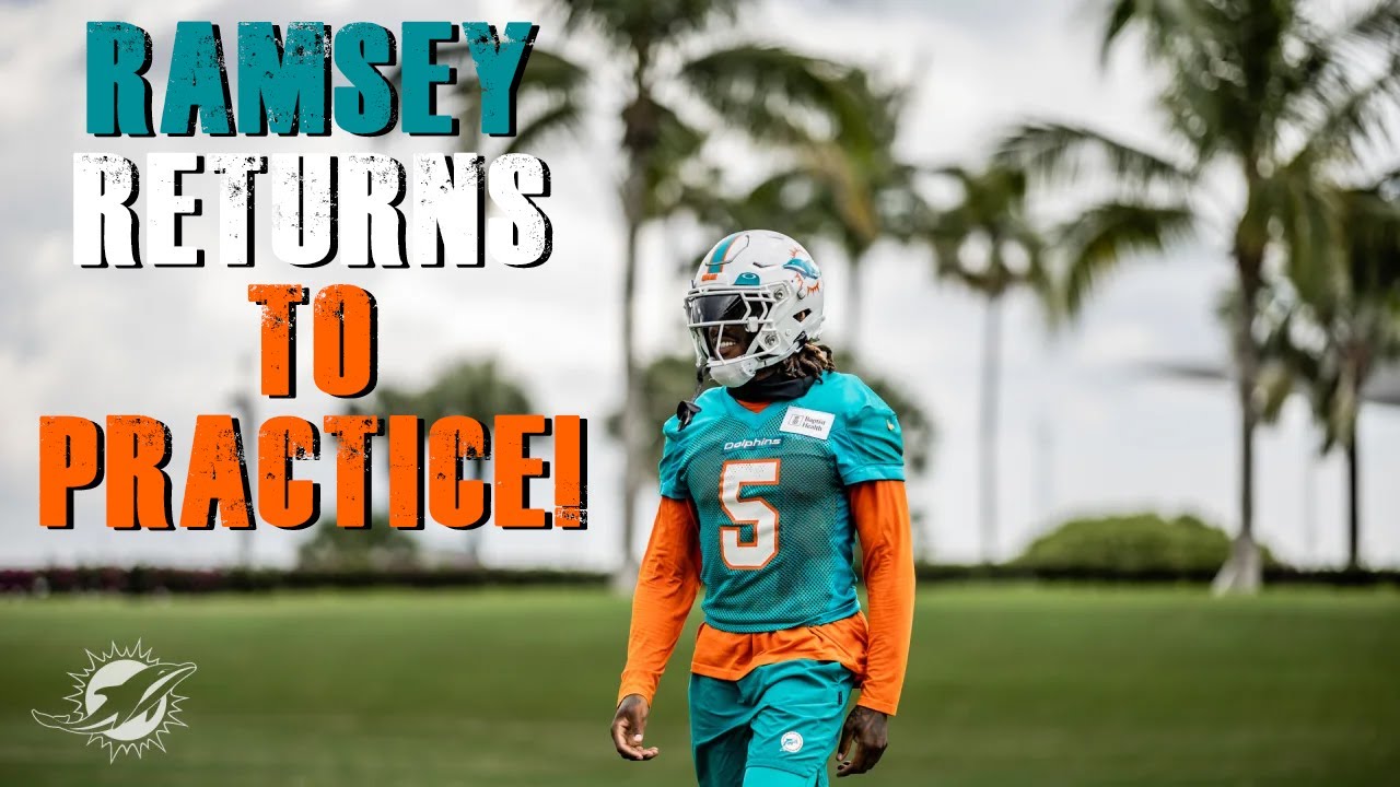 Miami Dolphins cornerback Jalen Ramsey runs drop back drills