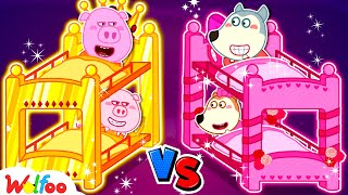 Pink vs Gold Bunk Bed Challenge  Wolfoo kids Stories About Sleepover Party  Wolfoo Kids Cartoon