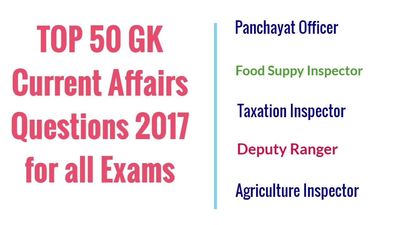 Top 50 GK and Current Affairs 2017 Questions | Food Suppy, Agriculture and Taxation Inspector