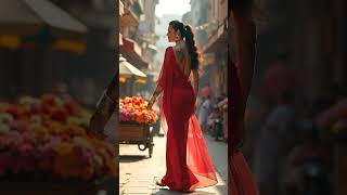 Graceful Walk In Red Saree Captivating Street Fashion Look